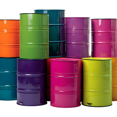 Colorful metallic barrels stacked on a transparent background