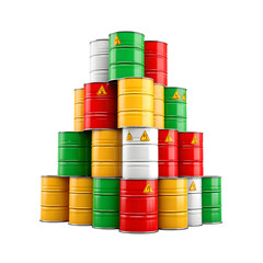 Stacked colorful oil drums with hazard symbols on transparent background
