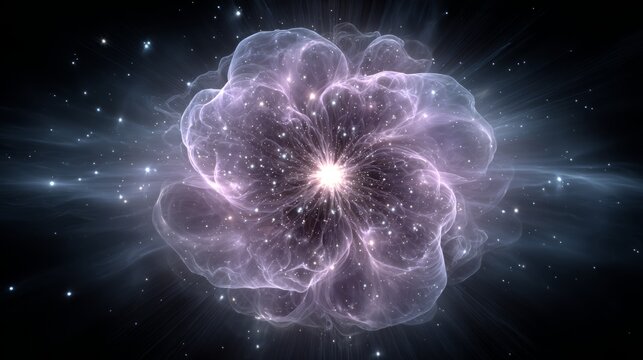 Cosmic Bloom: An abstract representation of a cosmic flower in space, the image showcasing intricate patterns of light and energy radiating outwards from a central point, against a backdrop of a vast.