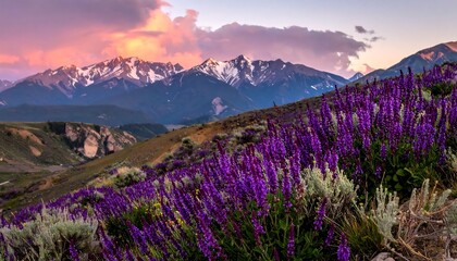 Purple wildflowers on a scenic mountain slope