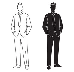 Vector illustration of a man in a suit in both line art and silhouette styles