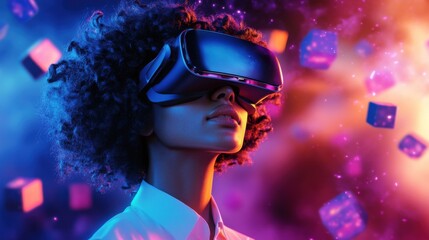 Young African American woman experiencing virtual reality indoors