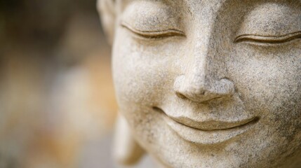 Serene stone sculpture of a face in peaceful garden setting