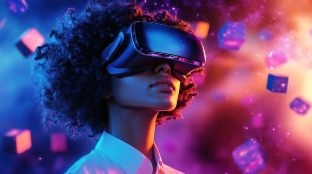 Young African American woman experiencing virtual reality indoors