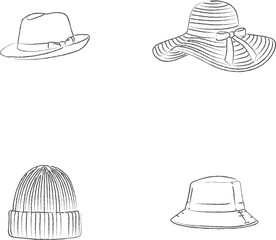 Two hats wide brim sun hat and trilby outline
