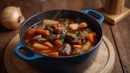 Hearty Beef Stew In Blue Pot rustic comfort food