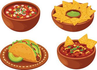 Traditional Mexican food illustration with tacos, nachos, salsa, guacamole and chili in bowls, authentic cuisine concept, delicious spicy meal