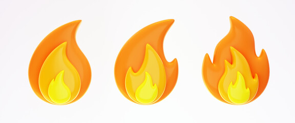 3D fire flame icons set isolated on white background.  Different sizes and shapes of flame with sparks. 3d render of fire emoji, energy and power concept. 3D cartoon simple illustration