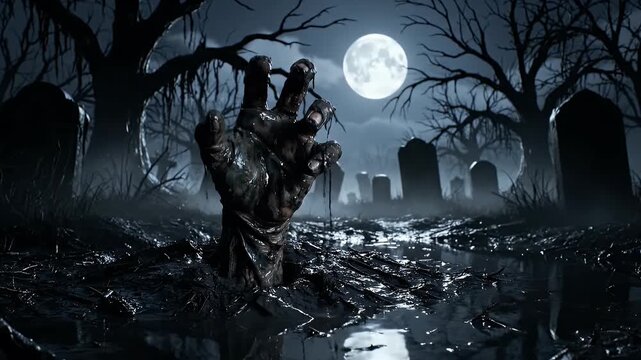 A terrifying zombie hand rises from a muddy grave in a spooky moonlit cemetery on Halloween night