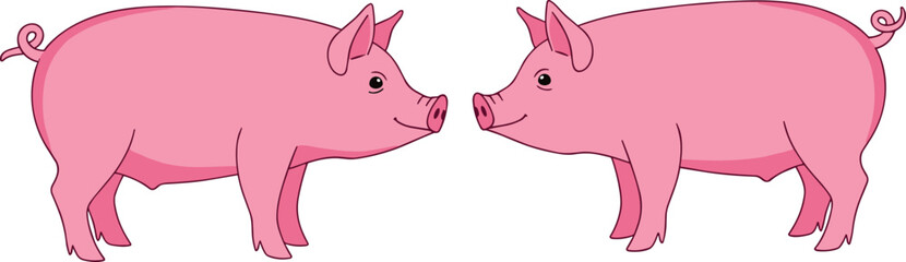 Two cute pink pigs facing each other, farm animals illustration, adorable livestock design, cartoon pig drawing for children and education