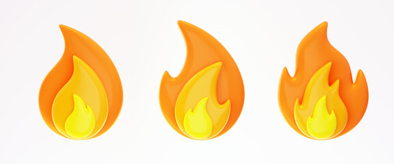 3D fire flame icons set isolated on white background.  Different sizes and shapes of flame with sparks. 3d render of fire emoji, energy and power concept. 3D cartoon simple illustration