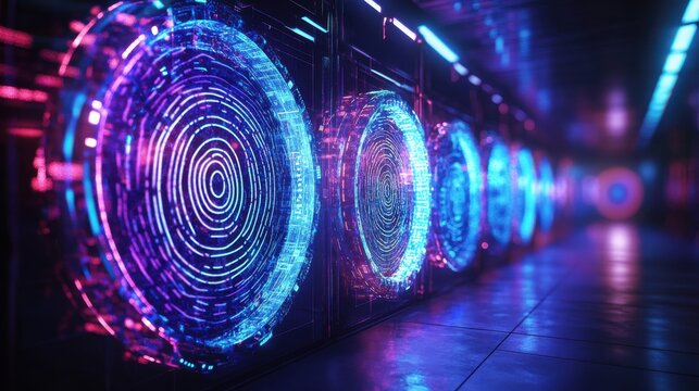 Abstract circular light displays in futuristic corridor at night - Powered by Adobe