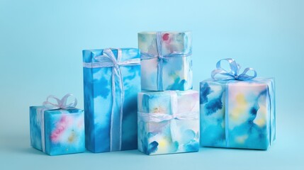 Five gifts wrapped in blue watercolor paper tied with ribbons