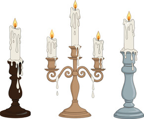 Vintage candle holders with burning candles, dripping wax, antique decor illustration, classic light source, old fashioned home design element