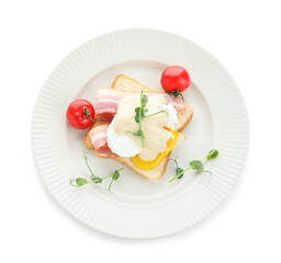 Plate with tasty egg Benedict, tomatoes and microgreen on white background