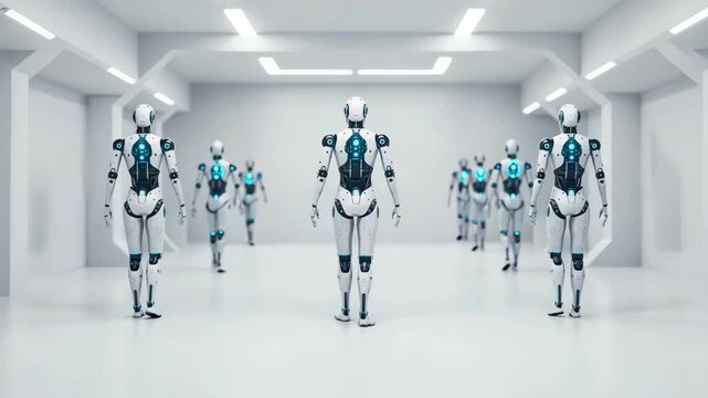 A group of advanced humanoid robots with glowing blue cores standing in a sterile, futuristic white hall.
