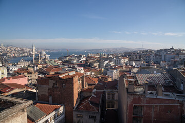 Istanbul Skyline Panoramic View Turkey Cityscape: Architectural rooftops overlooking Bosphorus, showcasing historical urban landscape.