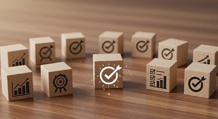 Achieve business goals with this modern strategy, wooden blocks representing targets and progress for corporate success, planning and teamwork, showing milestones