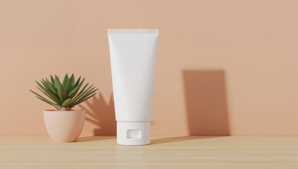 White cosmetic tube with succulent plant white tube