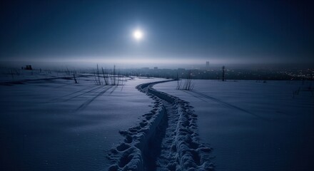 Winding path through fresh snow under a bright moon, leading to a hazy distant city
