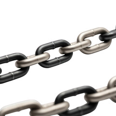 Close-up of two connected metallic chains, one silver and the other black