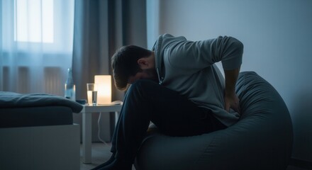 Fototapeta premium Distressed young man with back pain sitting on a beanbag chair in a dark bedroom