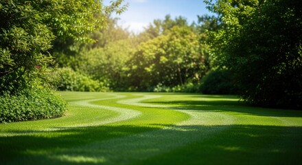 Naklejka premium Winding path on a perfectly manicured green lawn in a sunny garden park