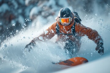 Fototapeta premium Exhilarating journey down snow-covered slopes in krasnaya polyana. Opulent look. Energetic snowboarder navigates pristine russian white wonderland. Rich texture. Majestic beauty.