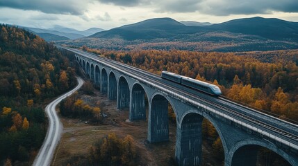 Train moving through autumnal forest under stone bridge