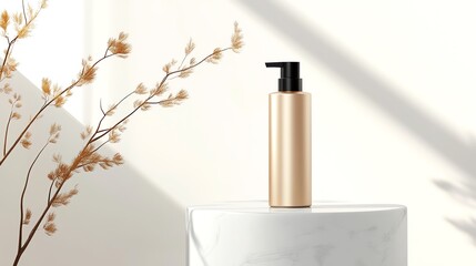 A matte gold hair perm spray bottle, placed artistically on a marble pedestal under soft lighting