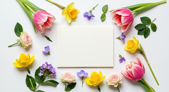Create stunning spring greeting cards with this floral flat lay featuring tulips, daffodils, and roses around a blank note card perfect for a heartfelt message