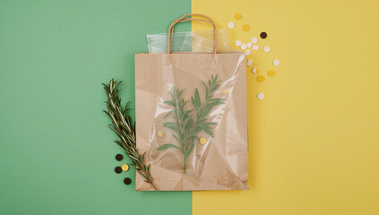 Brown paper bag with rosemary and confetti rosemary sprigs