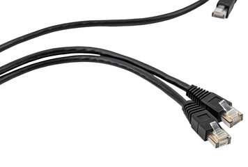 Ethernet cable connection on black background displaying high quality internet network wiring