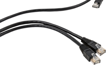 Ethernet cable connection on black background displaying high quality internet network wiring