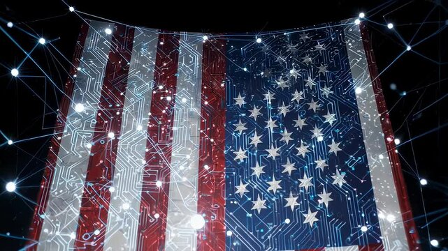 Abstract image of a flag design with technological circuit board aesthetics, with stars, and glowing lines