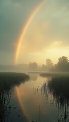 Misty sunrise over tranquil lake with rainbow and trees