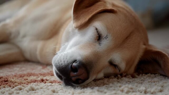 A sleepy golden labrador dog resting on a patterned carpet, blinking and slowly closing its eyes for nap. Relaxation pets footage.