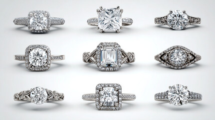 Selection of nine different diamond engagement rings on white background.