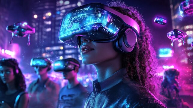 Awestruck woman in VR headset on vibrant city street at night