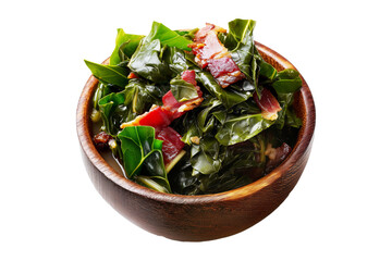 Cooked collard greens slow-cooked with crispy bacon slices served in wooden bowl, isolated on white transparent background, concept of traditional Southern cuisine