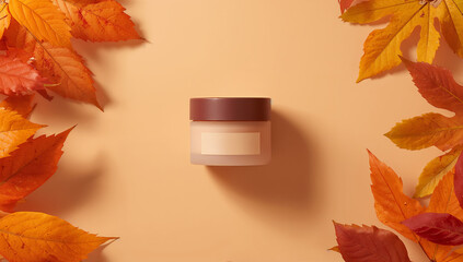 Autumnal cream jar with fall foliage leaves