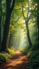 Obraz premium Sunlight filtering through trees along a peaceful forest path