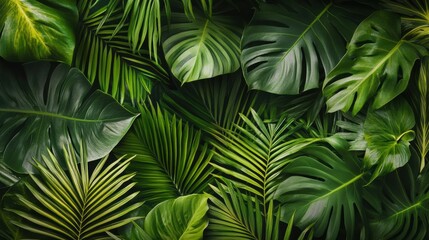 Lush flatlay of vibrant tropical leaves in studio setting