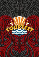 Stylized Tribal Sunrise Text Effect for T shirt Jersey, Red Tribal Shirt template with Polynesian Tattoo Motif, Polynesian, Samoan, Island, ethnic traditional cultural dress design vector template.