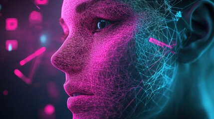 Young woman with network overlay in abstract digital environment