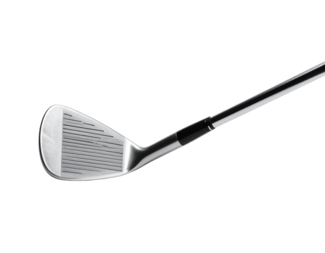 Angled closeup iron golf club head, grooved