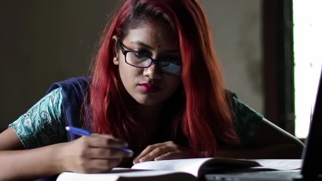 Focused young indian woman with red hair and glasses writing in a book while studying
