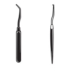 Black and white medical dental tools illustration of professional dental hygiene instruments