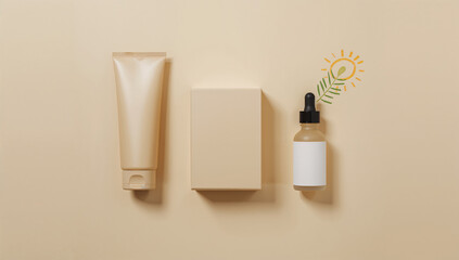 Minimalist cosmetic flat lay with sun and leaf illustration