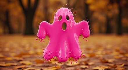 Whimsical pink ghost with bubble accents floats above fallen autumn leaves, a fun and festive Halloween season image creating a playful and spooky outdoor vibe